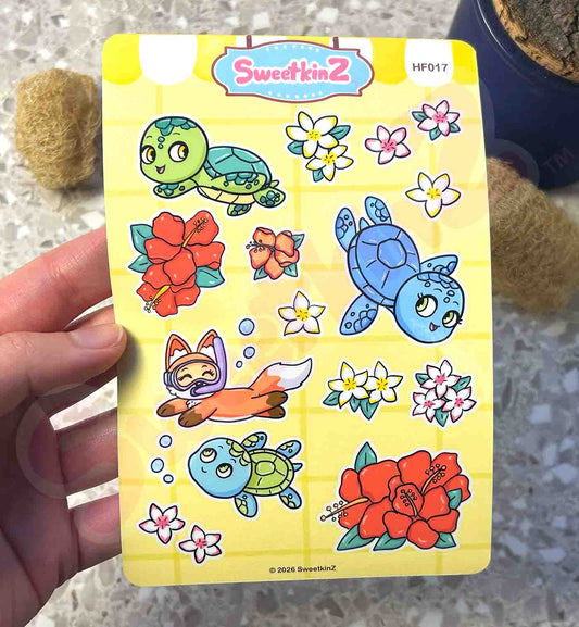 Hawaiian Floral and Turtle Sticker Sheet