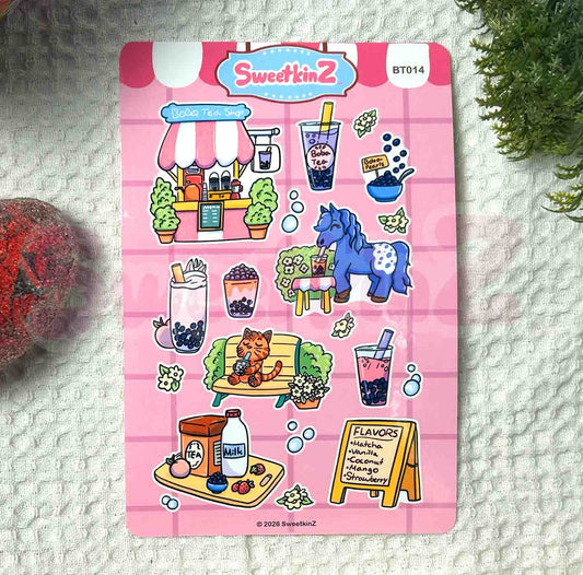 Sticker sheet with cartoon illustrations on a pink checkered background, featuring a purple horse, cat, and boba drinks.