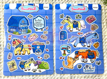 Two blue sticker sheets with cartoon ponies post office objects, featuring 'SweetkinZ' branding.