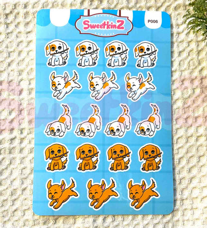 Sheet of dog-themed stickers with 'SweetkinZ' branding on a textured surface.