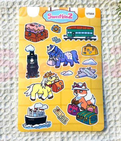 Sticker sheet with cartoon animals and travel-themed items on a yellow background, featuring the brand 'SweetkinZ'.